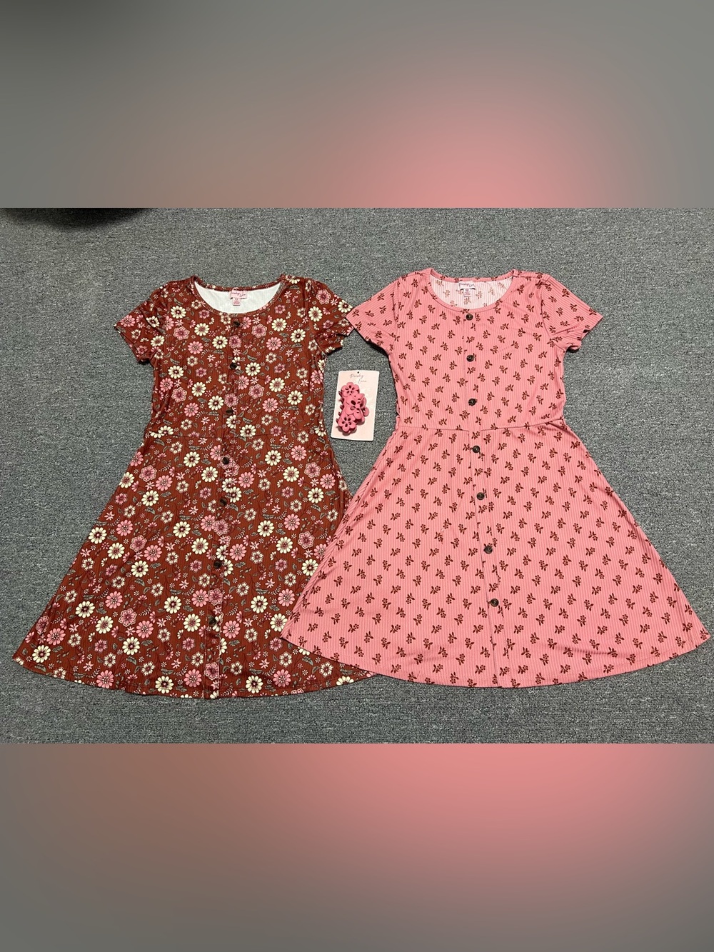 Girls' Pink Short-Sleeve Floral Print Button Dress Bundle 12T